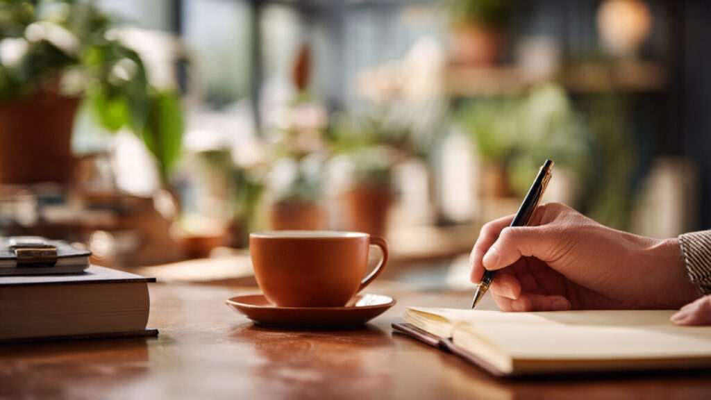 Hands writing in a leather notebook in a sunny home office, representing career horoscope planning.