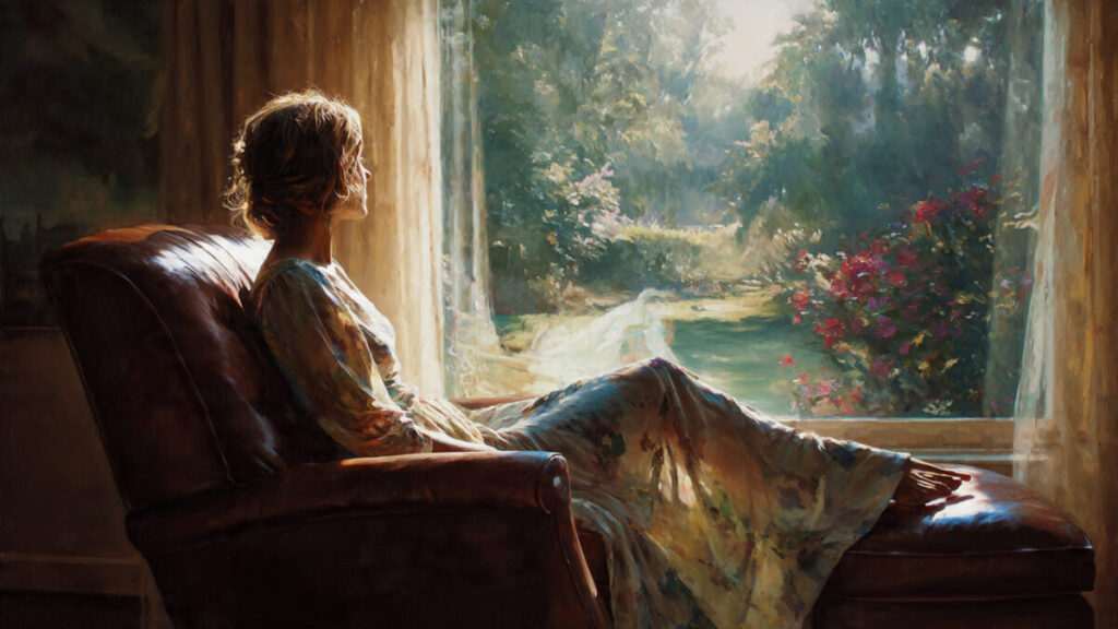 Woman meditating quietly by a window utilizing 1/11 Portal energy.