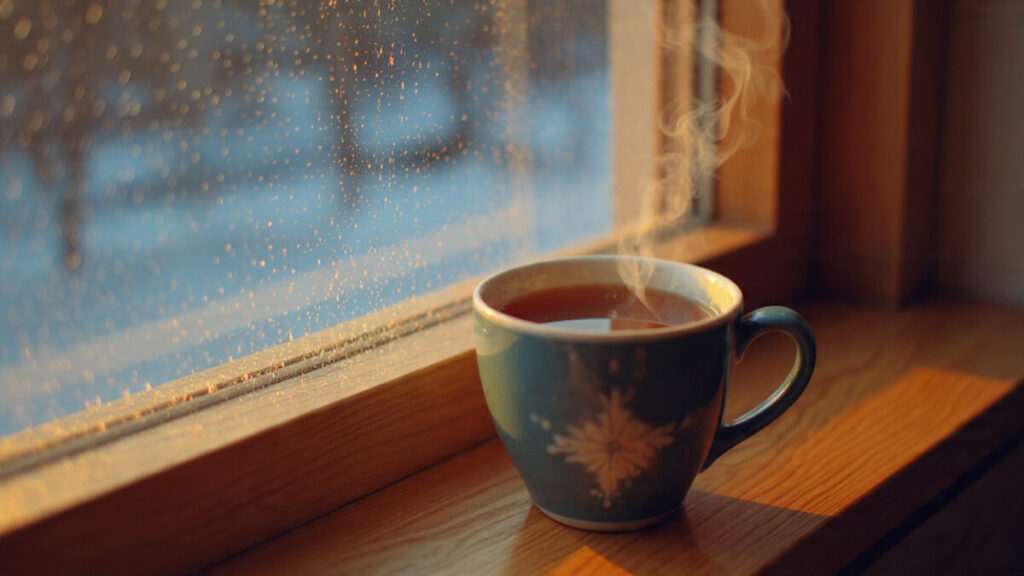 Steaming cup of tea on a frosted windowsill symbolizing winter solstice energy and rest