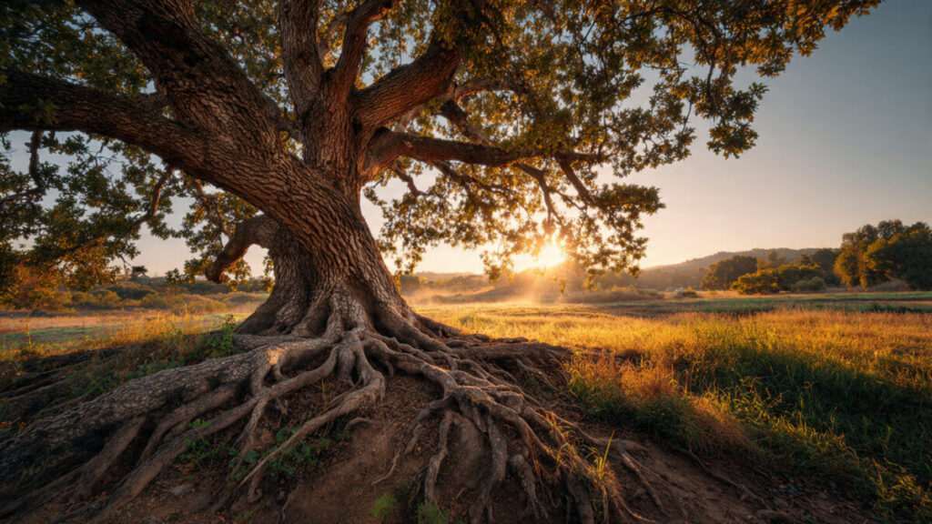 Large oak tree with deep roots standing strong in a field during sunrise
