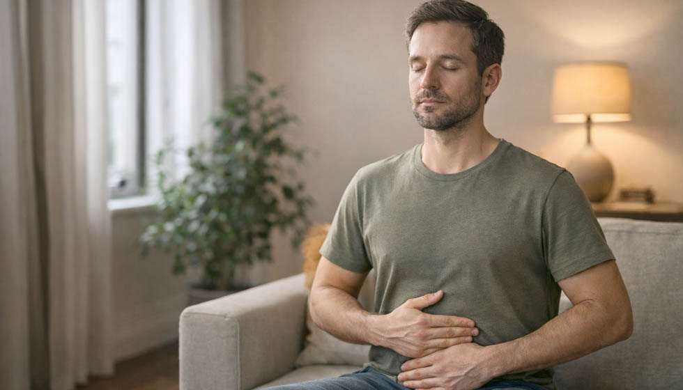 Personne assise, mains sur le ventre, respiration lente, lumière douce