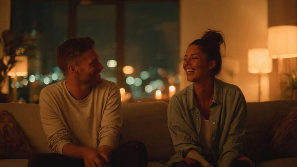 Couple sharing a genuine moment of connection in a cozy living room.