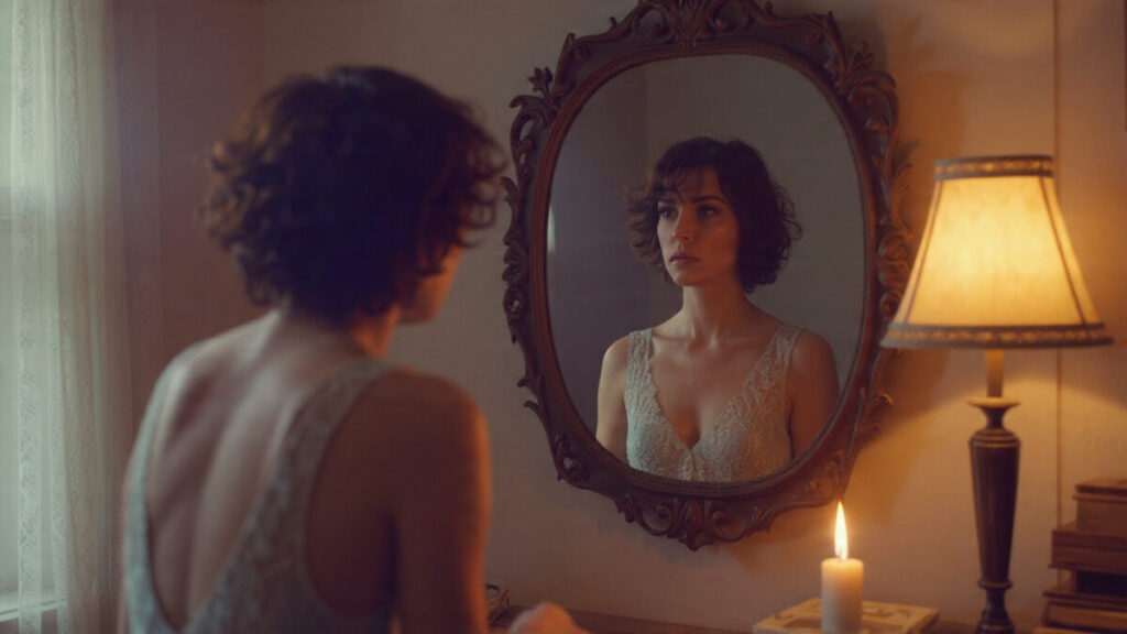 Woman looking in a mirror practicing shadow work during Moon in Scorpio 2026.