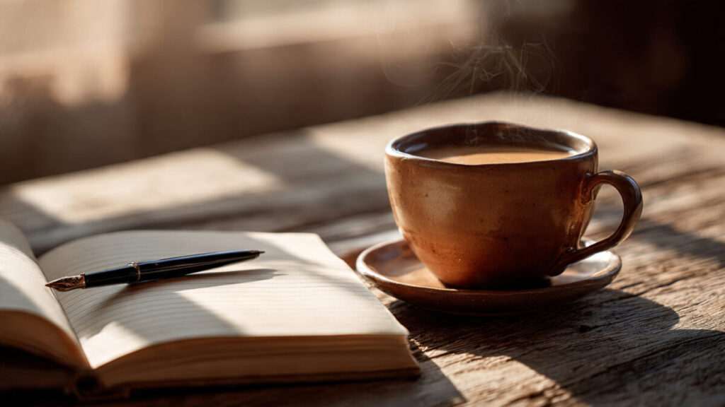 Journal and coffee cup on a table for spiritual goals 2026 planning.