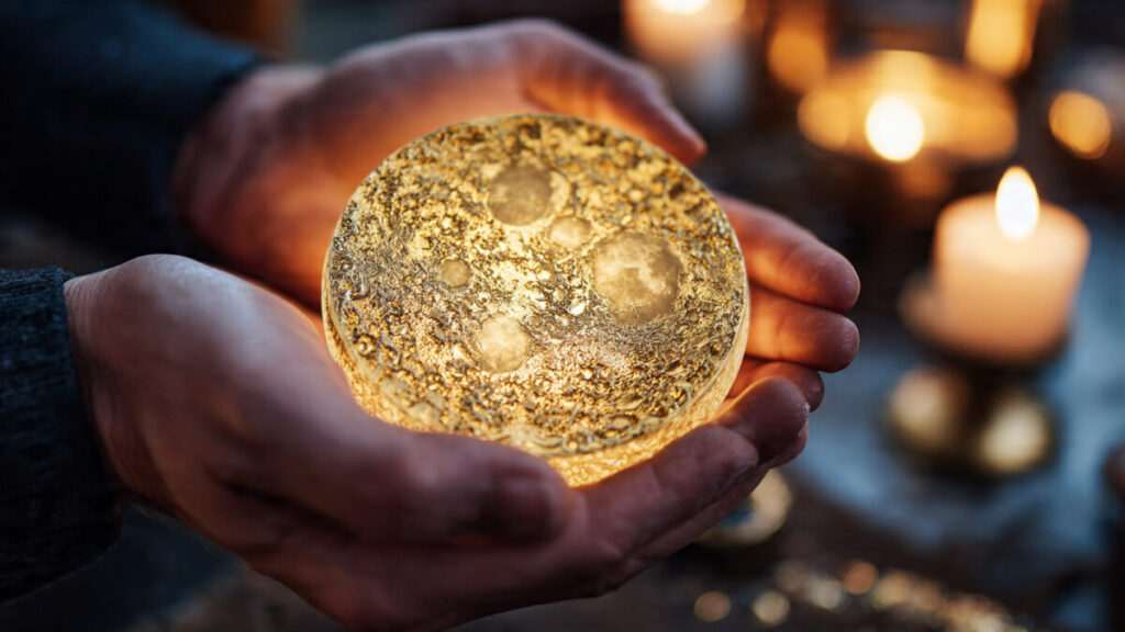 Hands holding a glowing lunar symbol for Friday the 13th divine feminine power.