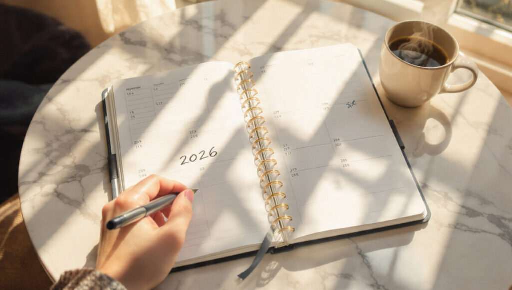 Hand calculating 2026 Personal Year number in a planner with coffee.