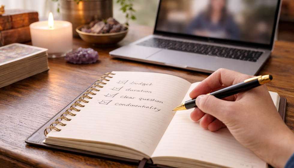 Main écrivant dans un carnet près d’un ordinateur, ambiance posée