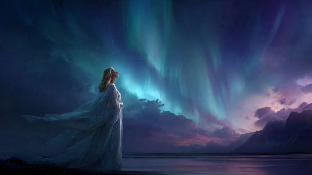 Artistic representation of Goddess Freya bathed in moonlight and northern lights
