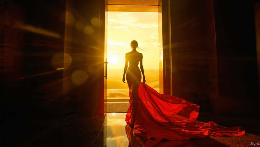 Silhouette of woman stepping into bright sunlight, symbolizing the Fire Horse shift