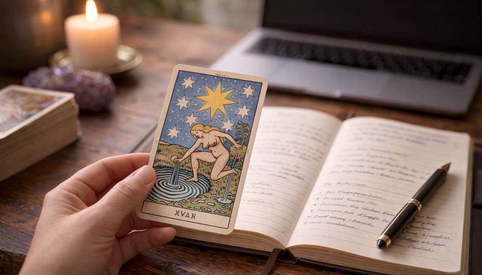 Main tenant une carte de tarot, ambiance douce et réfléchie, avec un ordinateur en arrière-plan flou