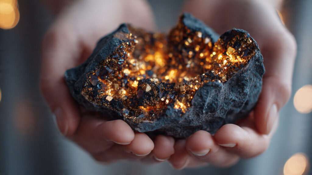 Hands holding a dark cracked geode revealing bright gold crystals inside, symbolizing the golden shadow.