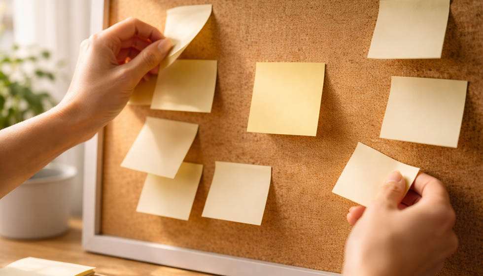 Main en train d’enlever des post-it d’un tableau pour ne garder qu’un seul élément