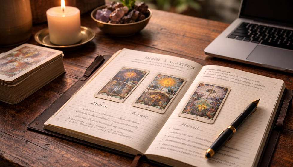 Carnet de notes avec un tirage à trois cartes et un stylo, posé sur une table