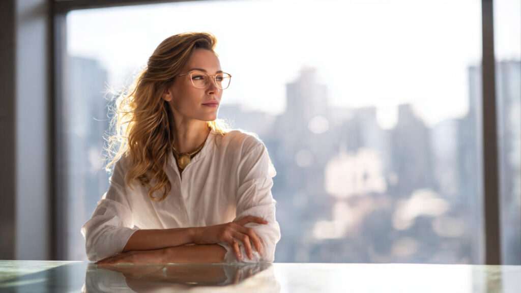 Professional woman planning career moves for 2026 in a modern office.