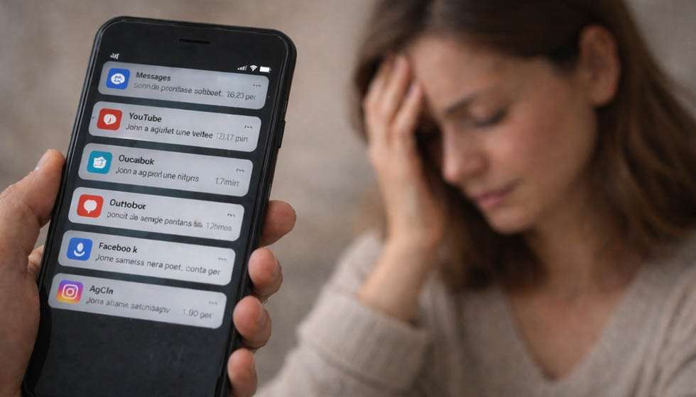 Smartphone avec notifications floues, personne concentrée mais fatiguée, main sur les tempes.