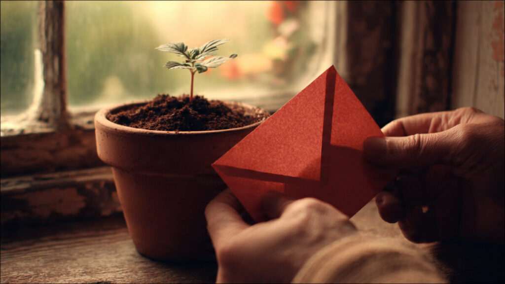 Hands planting a red manifestation letter into soil next to a new sprout, symbolizing future growth.