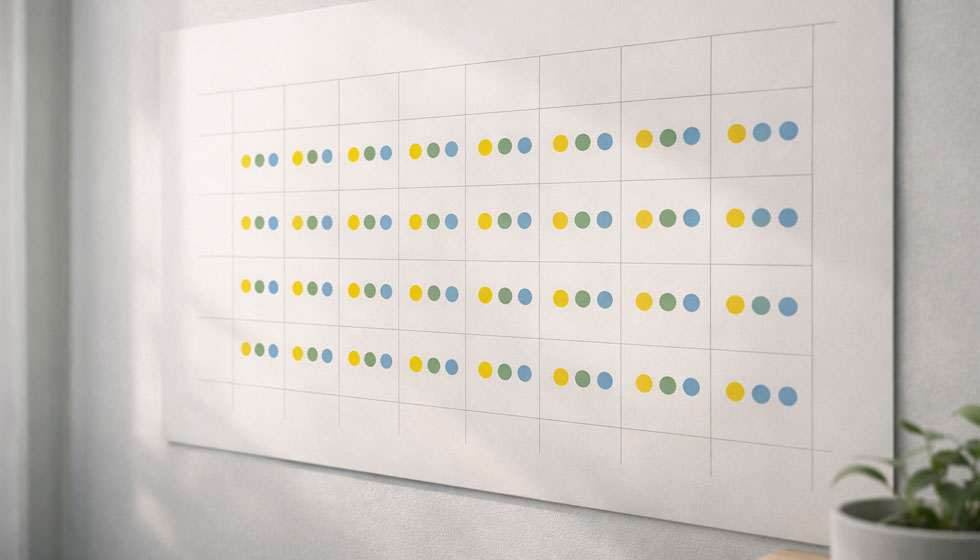 Calendrier mural minimaliste avec pastilles de couleur répétées et sans texte lisible