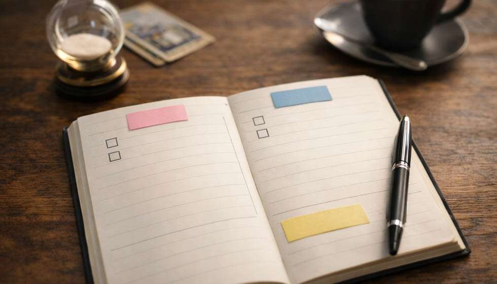 Carnet avec une question reformulée en options A et B, stylo posé