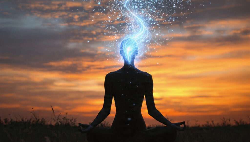 Meditating figure visualizing cord cutting ritual to release emotional baggage.