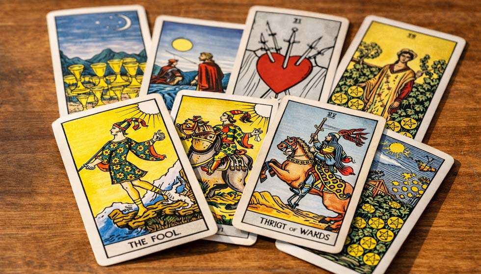 Cartes Rider-Waite-Smith illustrées étalées en éventail