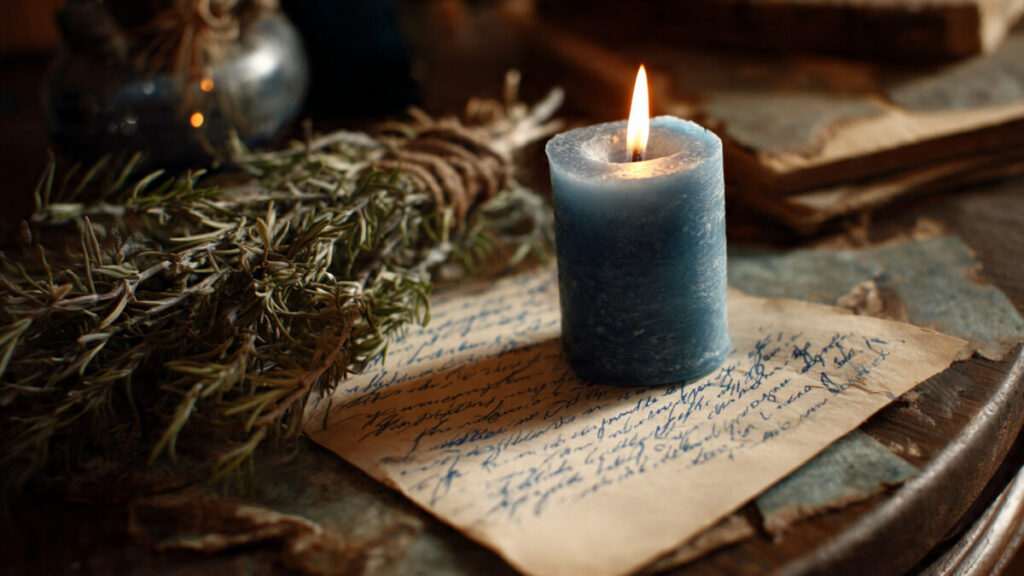 Blue candle and journal for throat chakra healing ritual on January 19 2026
