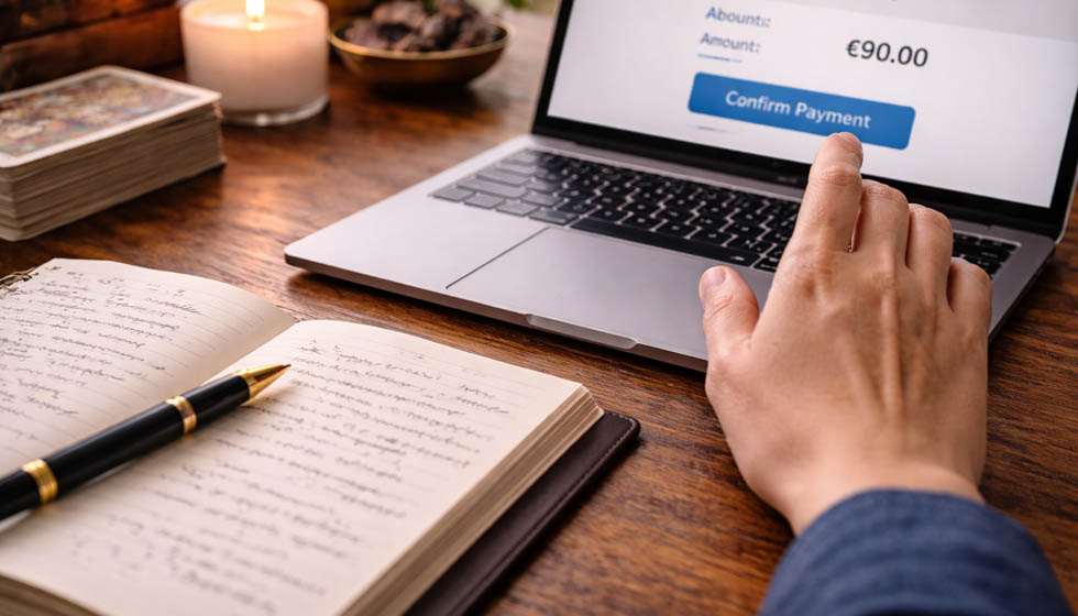 Main en pause devant un écran avant de confirmer, carnet ouvert à côté