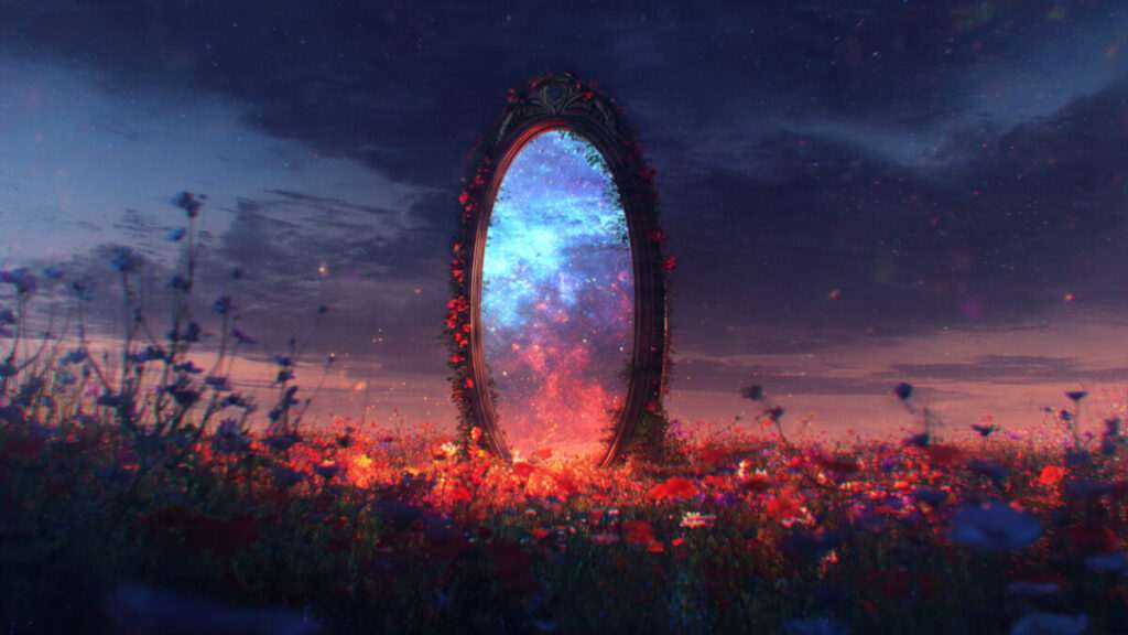 An ornate glowing mirror in a field reflecting a nebula, representing the Saturn in Aries reality check.