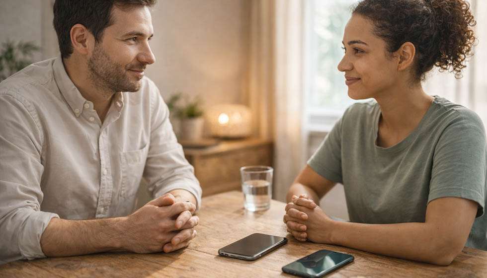 Deux personnes discutent sereinement, téléphones posés, ambiance apaisée