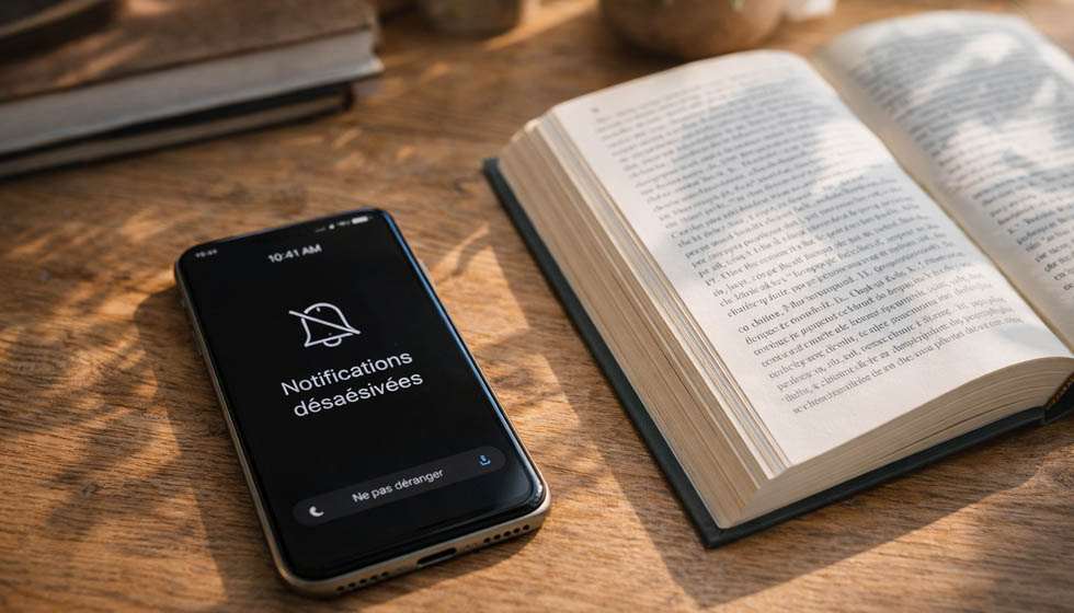 Téléphone en mode silencieux à côté d’un livre, ambiance calme
