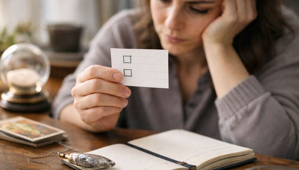 Personne hésitante relisant des notes, entre soulagement et doute