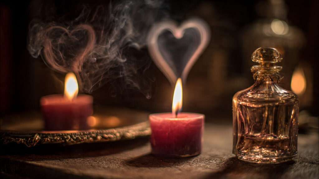 Two lit candles on a vintage vanity for a sacred mirror ritual to attract love.