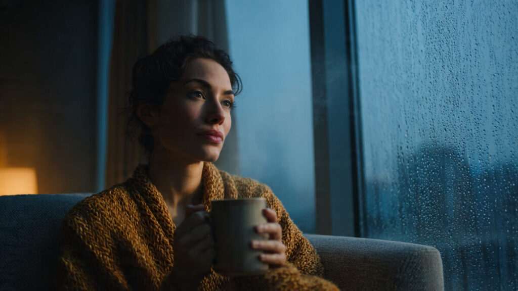 A thoughtful woman sitting by a rainy window holding a warm mug, reflecting on life goals.
