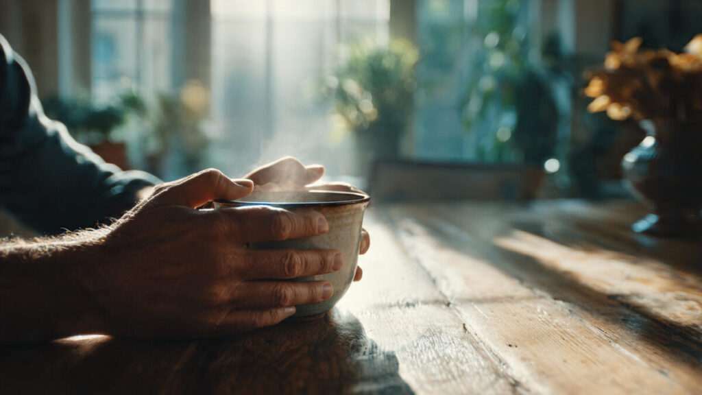 Close-up of a man holding a coffee cup, representing male psychology and thoughtful energy.