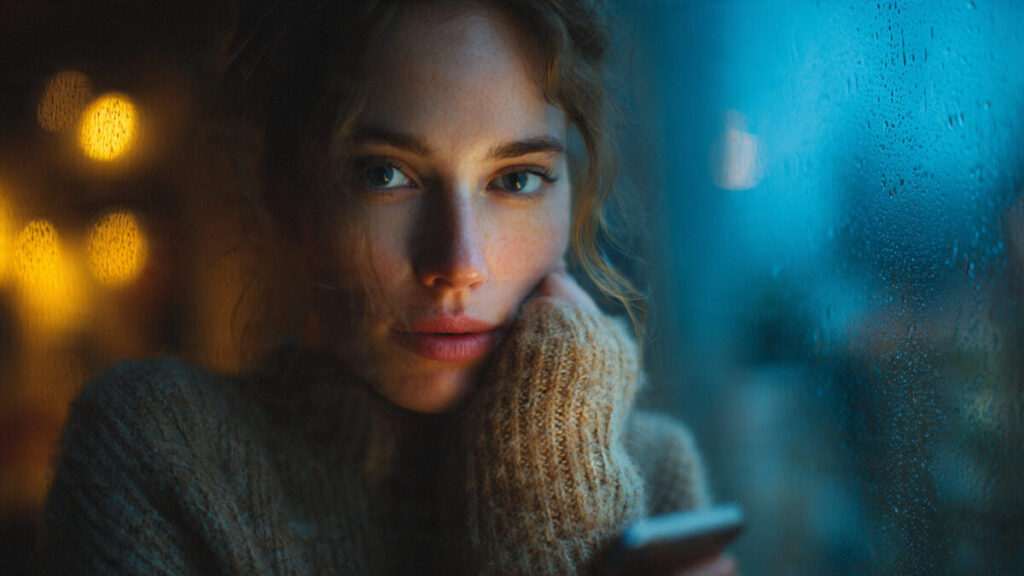 Woman hesitating to send a text message on her phone during Mercury Retrograde