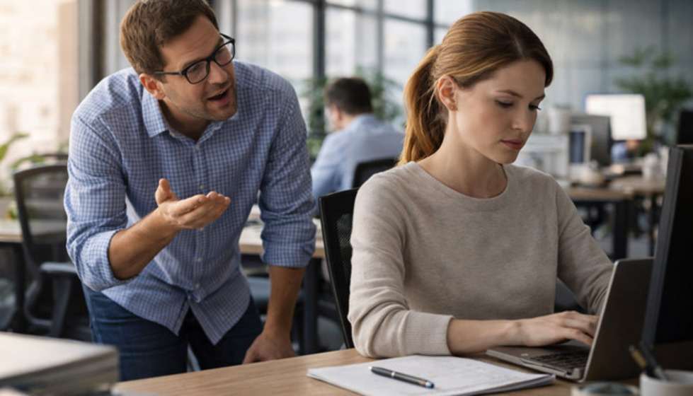 Collègue envahissant parlant longuement à une personne qui tente de travailler