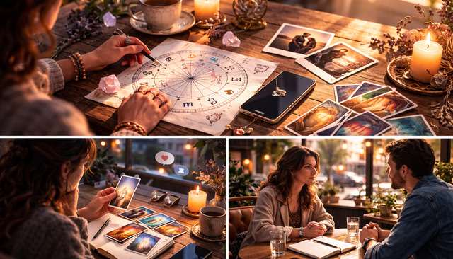 Table cosy avec carte du ciel, tarot et téléphone posé, ambiance guidance amour
