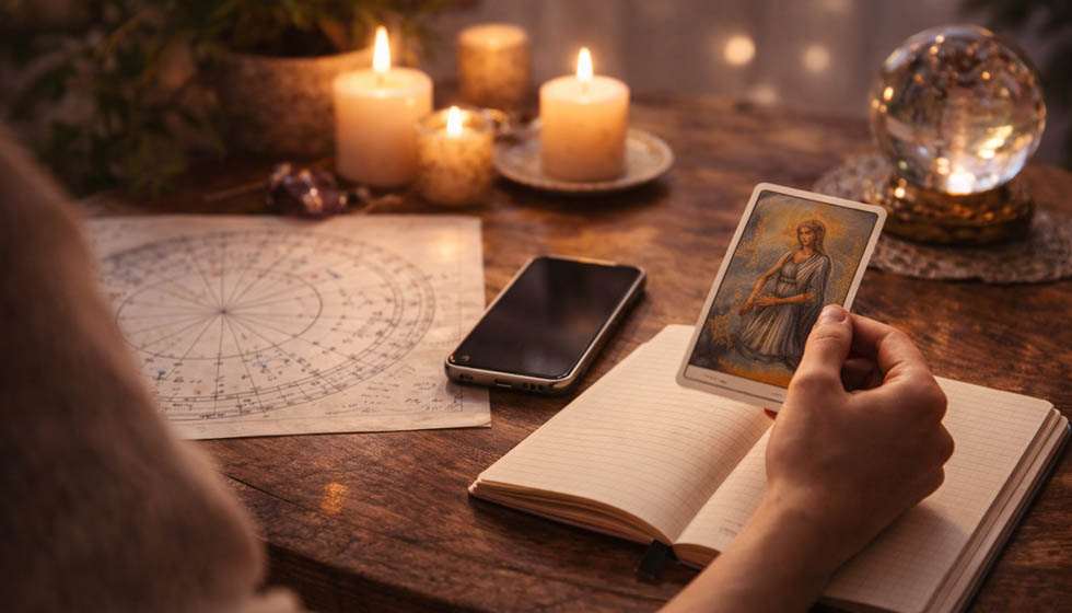 Personne pensive tenant une carte de tarot, téléphone posé, hésitation calme