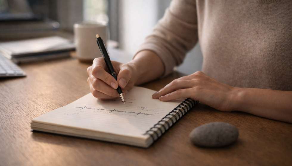 Personne écrivant une chronologie sur un carnet avec une posture calme et ancrée
