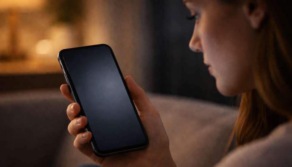 Gros plan sur un téléphone sans notification, reflet sur le visage d’une personne