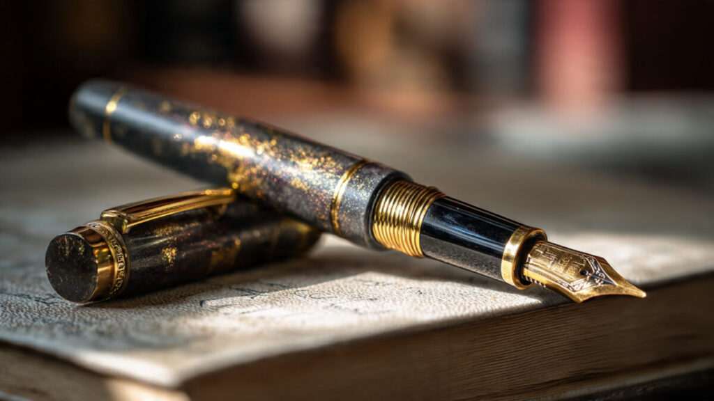 Close-up of a gold pen on a ledger, representing the power of words in money manifestation.