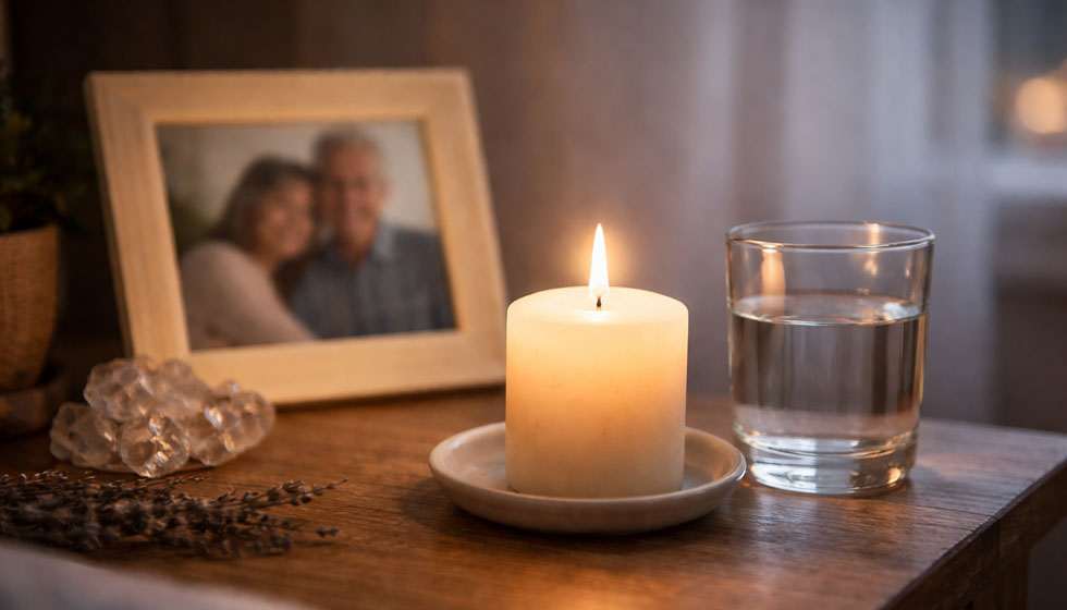 Rêve nocturne d'un défunt : Bougie et photo floue sur une table, ambiance apaisante et protectrice