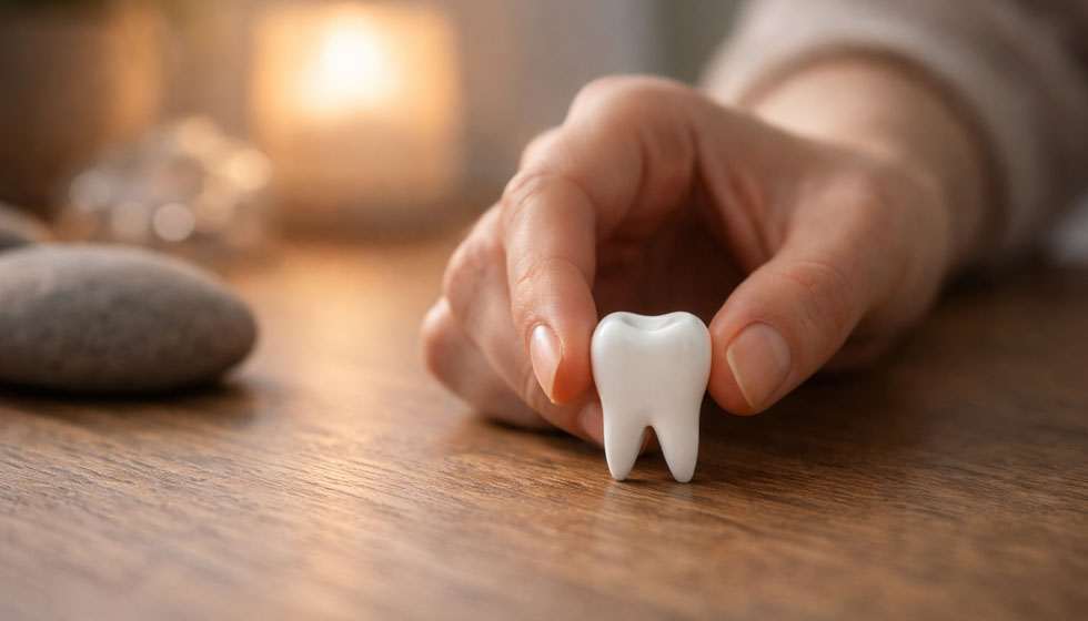 Rêve nocturne de dents qui tombent : Gros plan d’une main tenant une dent fictive en céramique sur une table, ambiance symbolique
