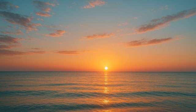 Soleil bas sur l’horizon éclairant doucement une mer calme, dans des tons dorés et bleu turquoise.