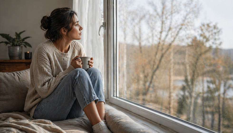 personne réfléchissant à sa vie après une rupture dans un moment de transition