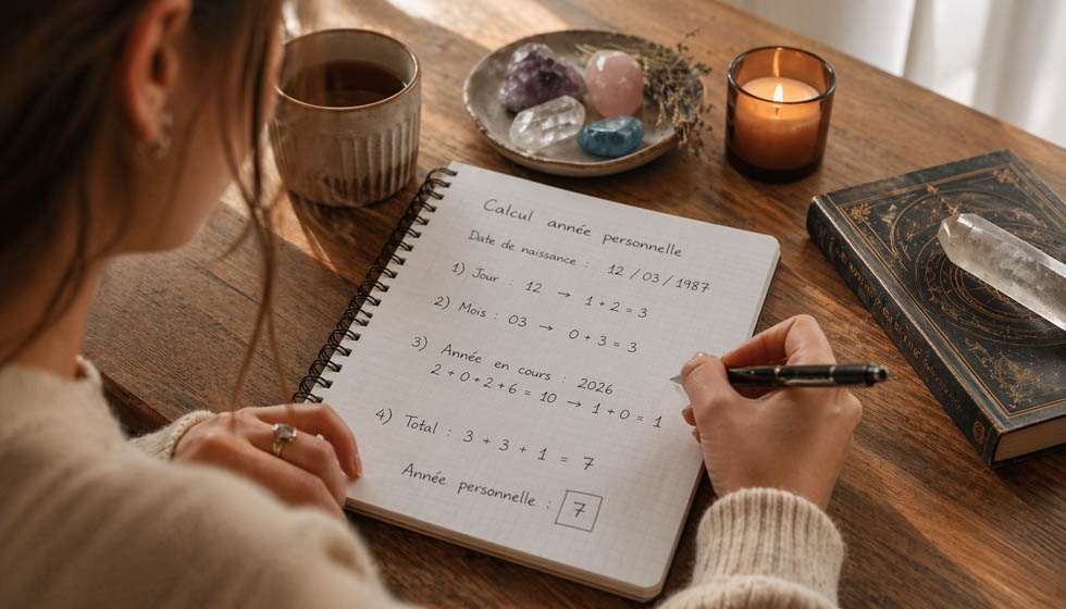 personne écrivant des calculs de numérologie sur un carnet pour comprendre son année personnelle