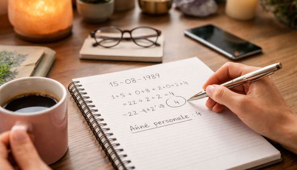Personne écrivant des calculs sur un carnet pour comprendre son année personnelle