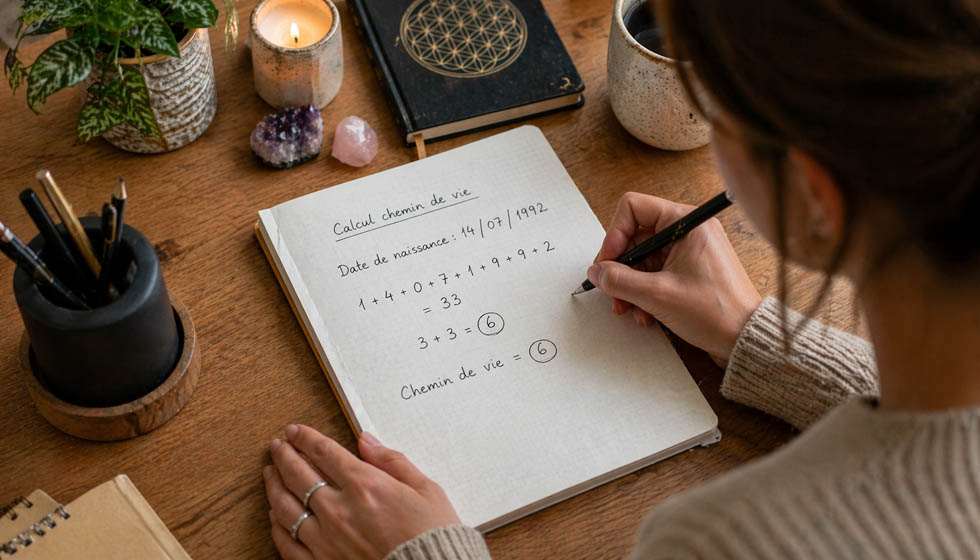 Personne calculant son chemin de vie grâce à sa date de naissance avec une feuille et un stylo