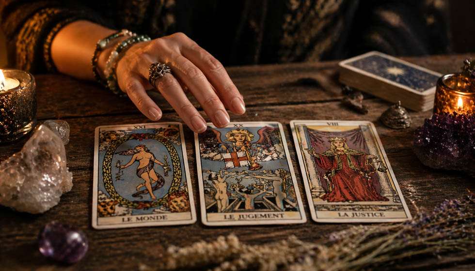 cartes tarot Le Monde et Le Jugement sur une table