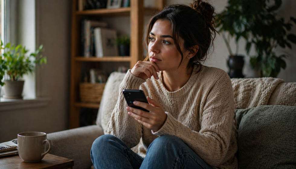 personne réfléchissant avant de répondre à un message ambigu