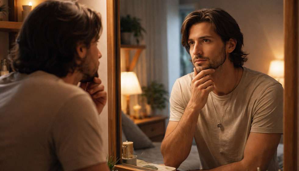 Personne réfléchissant à deux aspects de sa personnalité dans un cadre quotidien